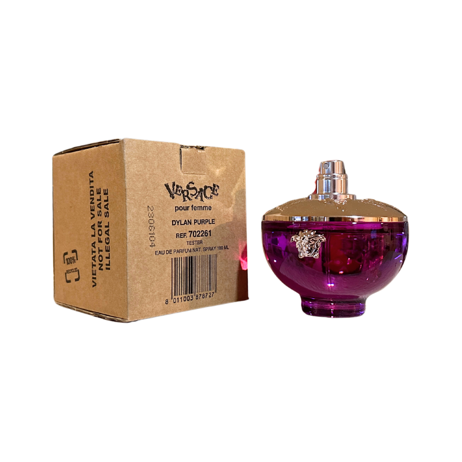 Versace Dylan Purple EDP bottle and its packaging box. The bottle is purple with a gold-colored cap, and the box is brown with the Versace logo and product information.