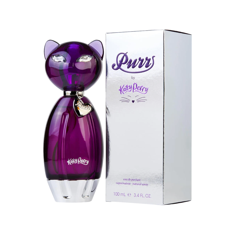 A bottle of Purr Eau de Parfum Spray by Katy Perry, featuring a purple cap and label, alongside its white packaging box.