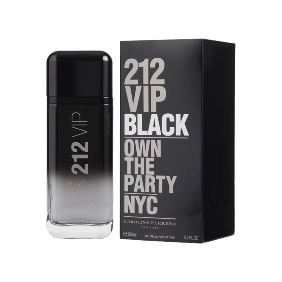 A bottle of 212 VIP Black EDP by Carolina Herrera for men, with a capacity of 6.8oz.