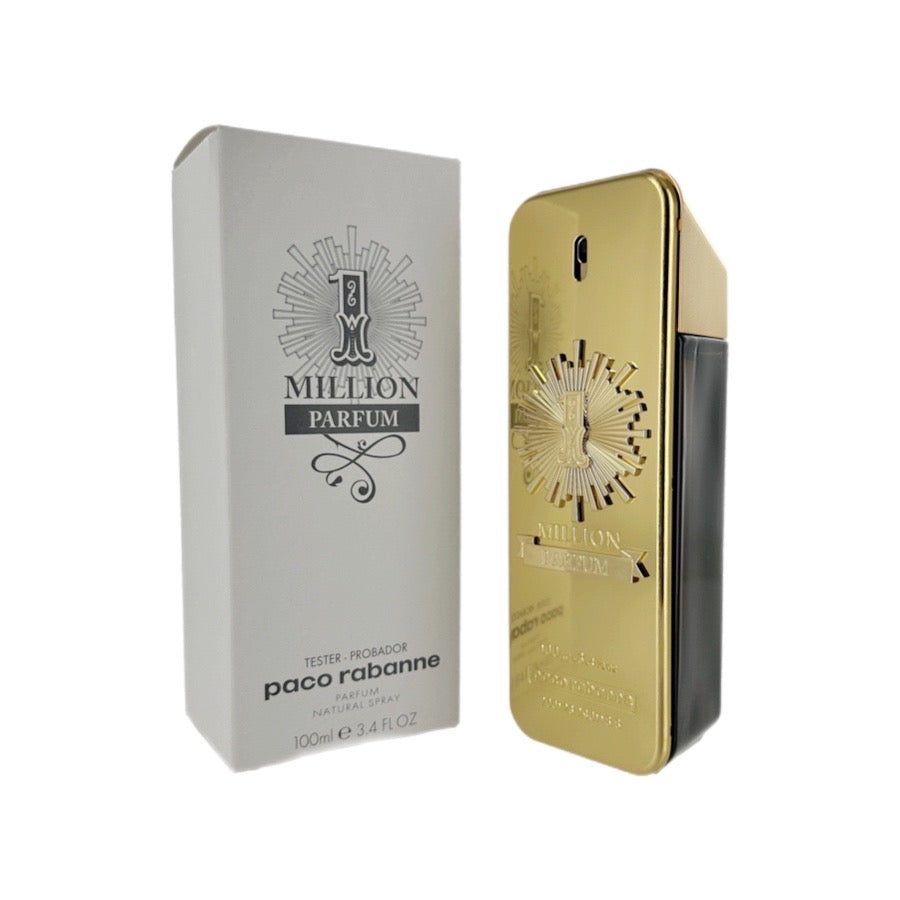 Paco Rabanne 1 Million EDP bottle and tester packaging. The bottle is gold-colored with a white label, and the tester is also gold with a white label featuring the Paco Rabanne logo.