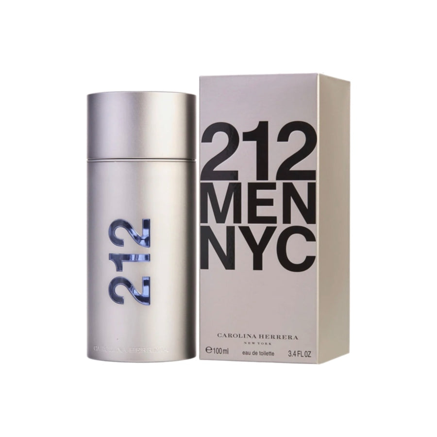A silver spray bottle of '212 Men' by Carolina Herrera, with the number 212 and 'MEN'S COLogne' text displayed on its surface, alongside its packaging box.
