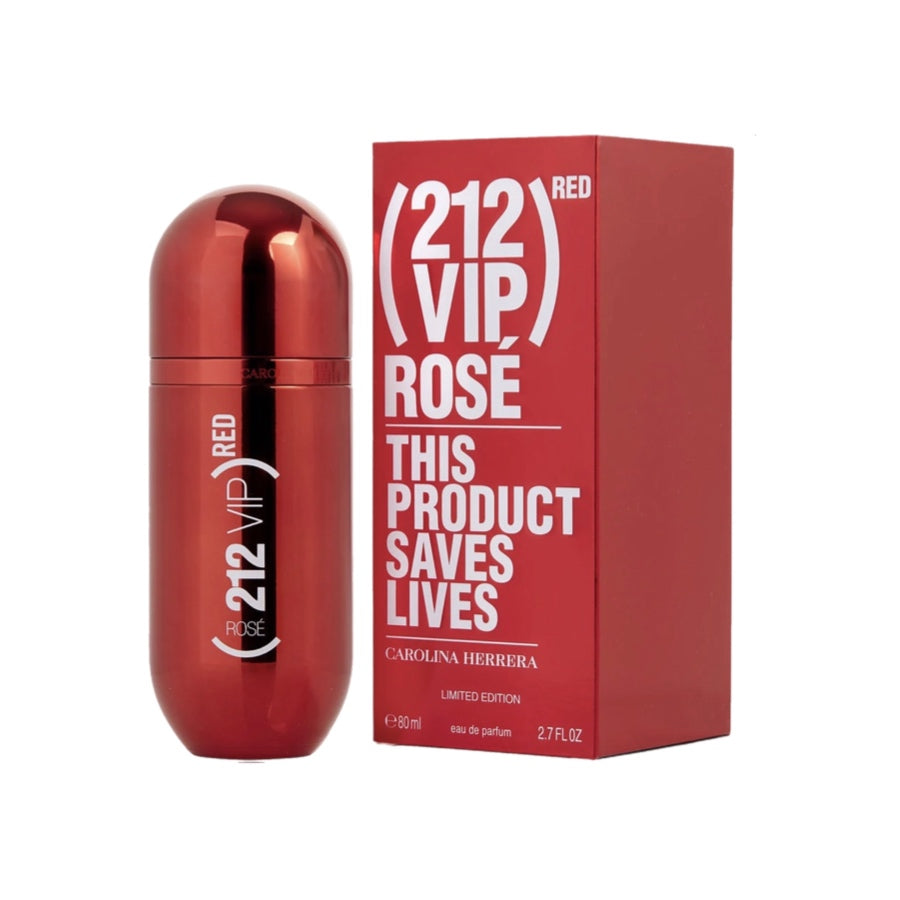 A red bottle of '212 VIP Rose' EDP with its red packaging box. The text on the bottle and box indicates the product size of 2.
