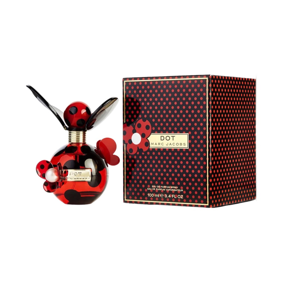 Marc Jacobs Dot EDP bottle and box. The bottle is red with a black cap and a floral design.