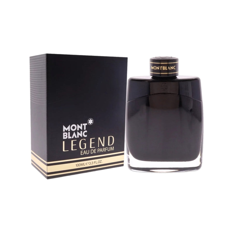 Mont Blanc Legend Eau de Parfum spray bottle and packaging box, both are black in color with gold accents.