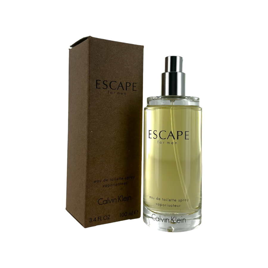 A bottle of Escape Eau de Toilette for Men by Calvin Klein, with the brand's box and a spray nozzle. The bottle is clear and the liquid inside is a pale yellow color.