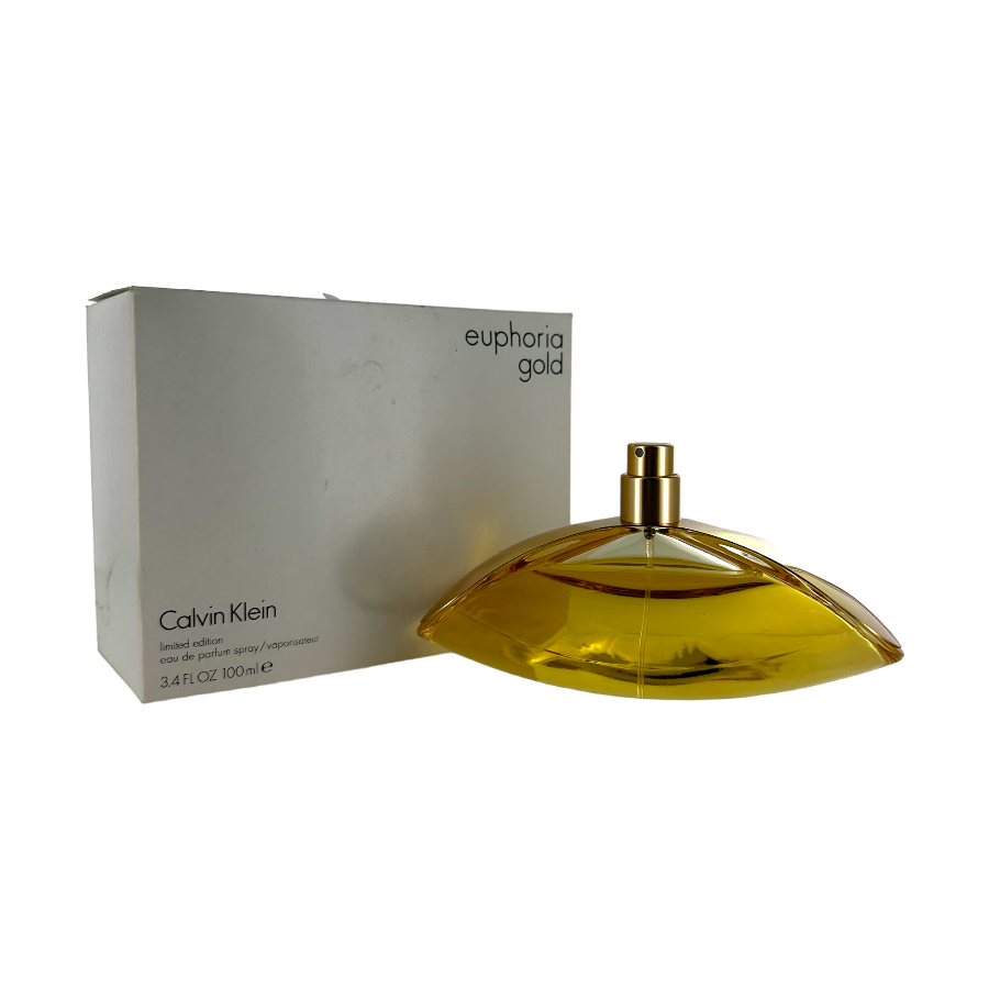 A bottle of Euphoria Gold EDP by Calvin Klein, accompanied by its packaging box, displayed against a white background.