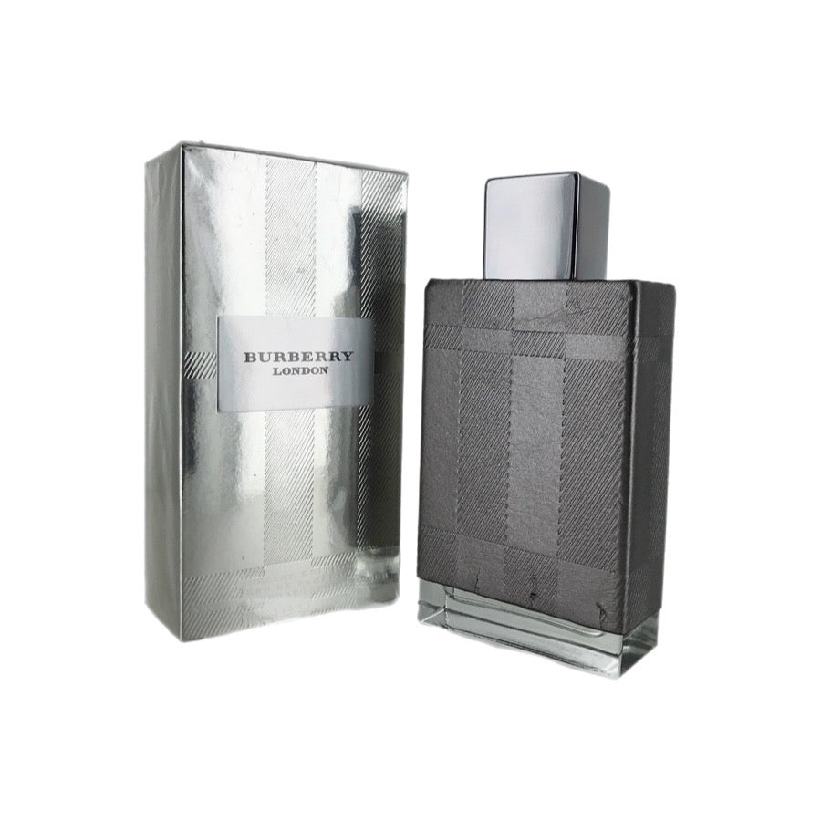 Burberry London Special Edition EDP bottle and box. The bottle is tinted and has a checkered pattern, with the brand name visible.