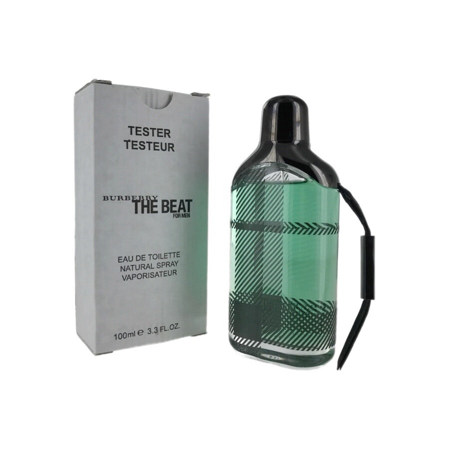 Burberry The Beat EDT tester package and bottle, with a capacity of 3.3oz/100ml, primarily green in color with black details and striped design.