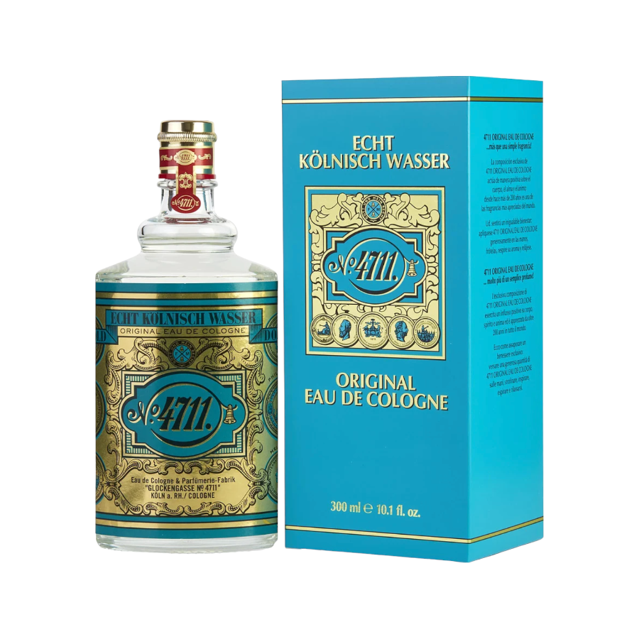 A bottle of 4711 Original Cologne Eau de Cologne with a blue label and a gold-colored frame, alongside its blue packaging box.