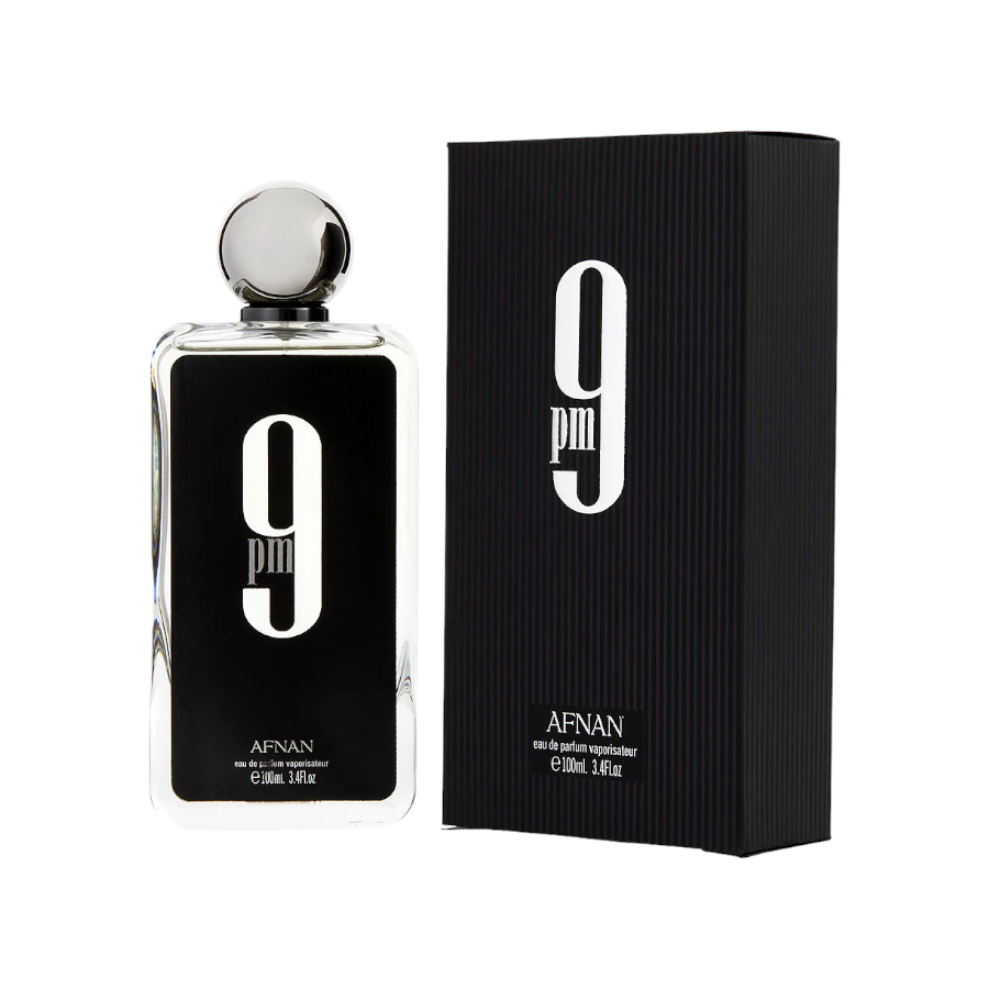 Afnan 9pm EDP bottle and packaging, the bottle is black with white and gold text and the packaging is black with the Afnan brand logo in white.