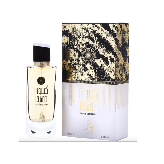A bottle of Al Absar Kasuf Dahabi EDP with a white and gold label, alongside its box which has the same design.
