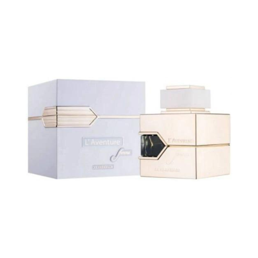 A bottle of Al Haramain L'Aventure Femme EDP with its packaging box. The bottle is gold-colored with a white label, and the box is also gold and white with the product name visible.
