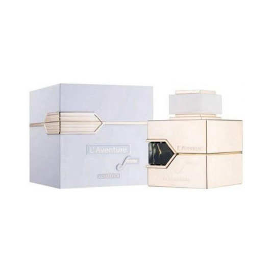A bottle of Al Haramain L'Aventure Femme EDP with its packaging box. The bottle is gold-colored with a white label, and the box is also gold and white with the product name visible.