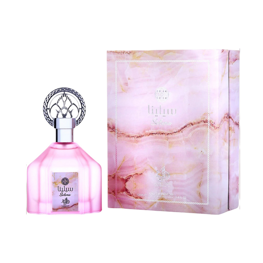 A pink bottle of Al Wataniah Eternal Selena EDP with a marble-like pattern, next to its box which has a similar design.