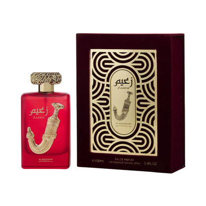 Al Wataniah Eternal Zaeem EDP bottle and packaging, with the bottle displaying a red label and the box having a gold design with the brand name and product title.