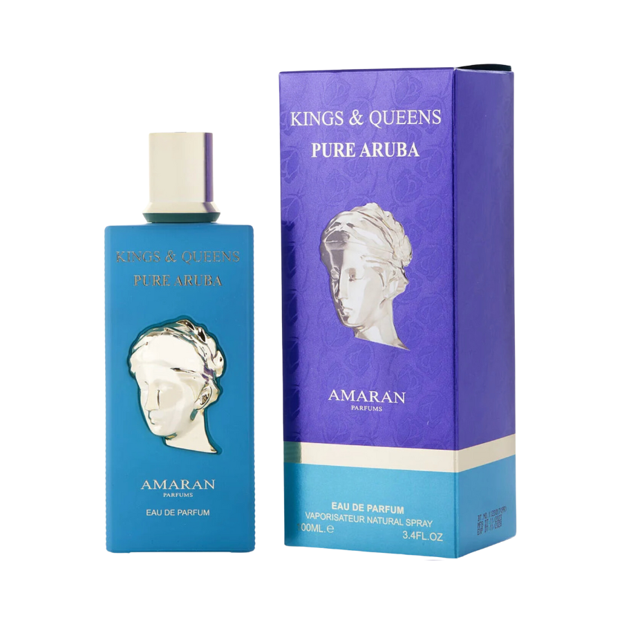 A bottle of Amaran Kings & Queens Pure Aruba Eau de Parfum with its purple box packaging, featuring a portrait of a woman's profile in a blue and white box and on the bottle.