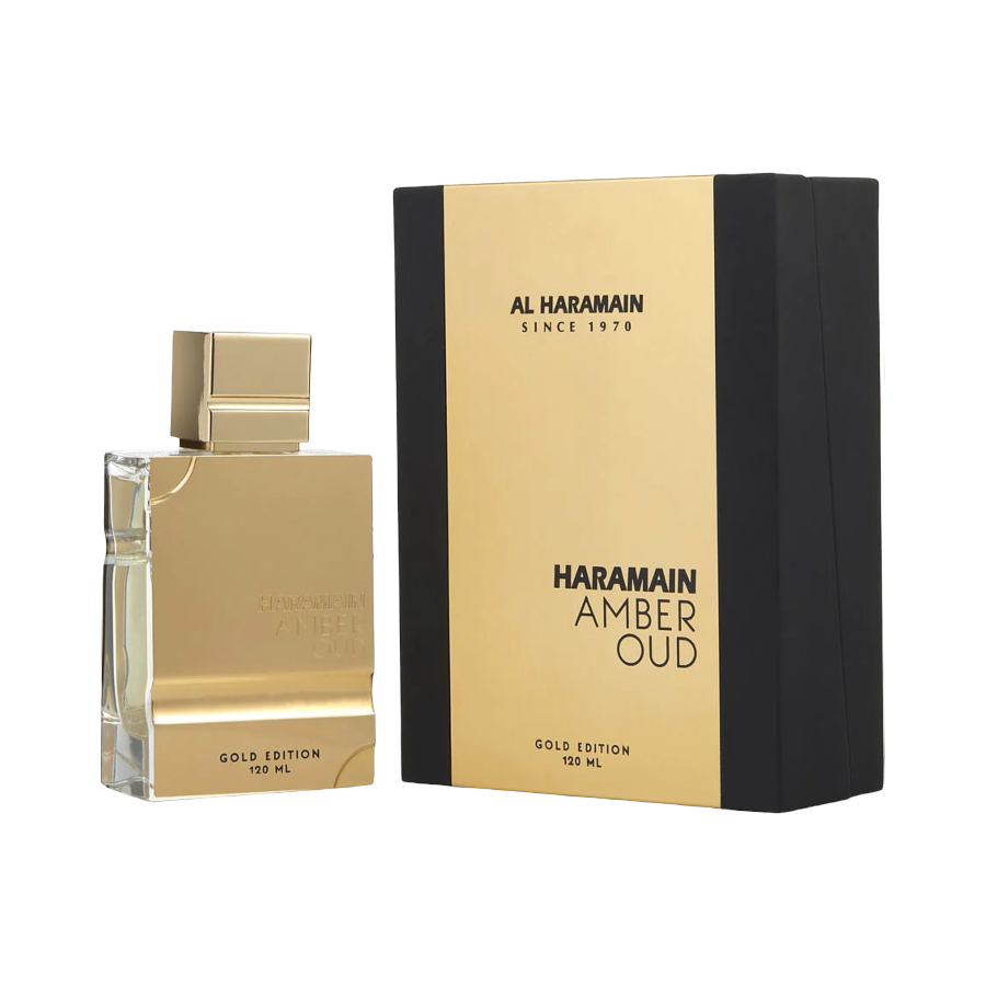 Al Haramain Amber Oud Gold Edition EDP perfume bottle and packaging. The bottle is gold, and the packaging is black with gold accents, indicating a luxury unisex fragrance.