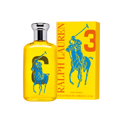 Ralph Lauren Big Pony #3 EDT for Women eau de toilette spray in a yellow bottle with a blue label, alongside its bright orange packaging box.