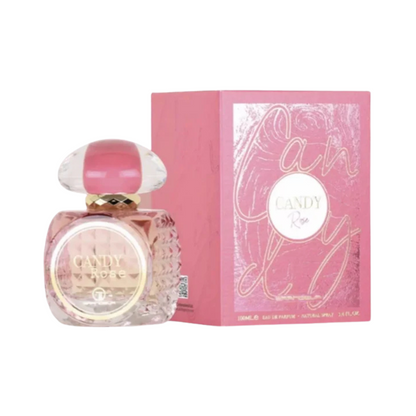 A bottle of Candy Rose EDP with a pink cap and a pink box in the background. The bottle is tinted with a pink hue and has the product name printed on it.