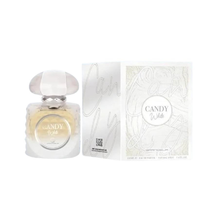 A bottle of Candy White EDP with its packaging box. The bottle is clear with a white and gold label, and the box has a similar design with gold and white elements.