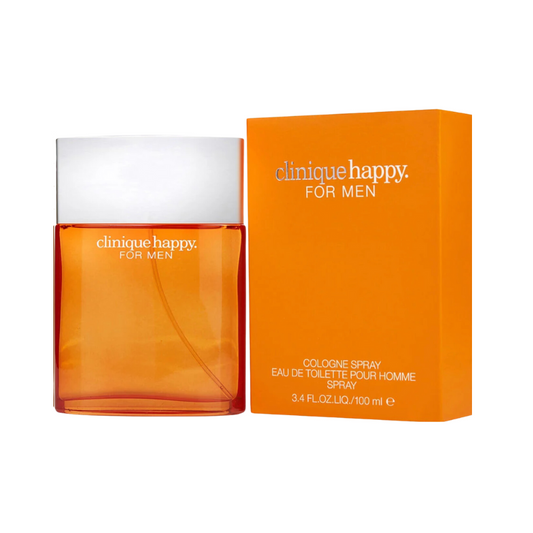 Clinique Happy cologne spray for men in a 3.4oz bottle, with an orange box packaging.