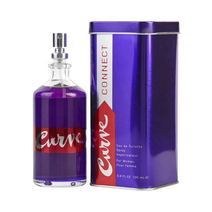 A bottle of Curve Connect eau de toilette for women with a purple label and cap, alongside its packaging box.