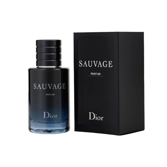 A bottle of Dior Sauvage EDP with a black label, next to its black box packaging with the Dior logo.