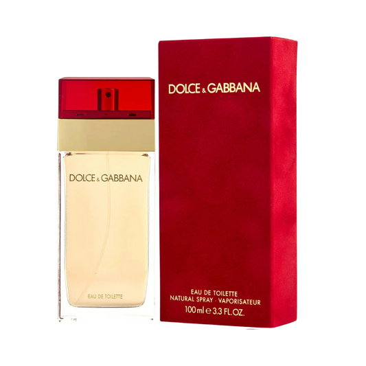 Dolce & Gabbana Eau de Toilette bottle and packaging, with the fragrance's name and size (100ml) displayed prominently.