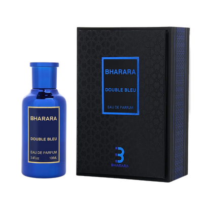 Bharara Double Bleu Eau de Parfum spray bottle next to its black box packaging with blue and gold accents.