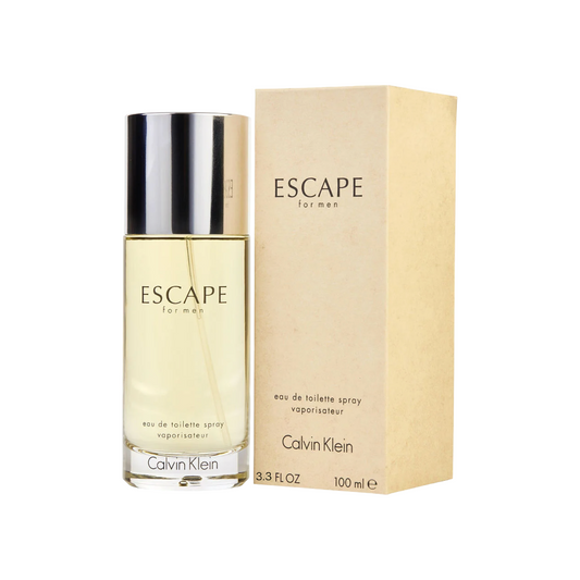 A bottle of Calvin Klein Escape Eau de Toilette Spray for Men, alongside its packaging box. The bottle is clear with a beige label, and the box is also beige with the Calvin Klein logo on it.