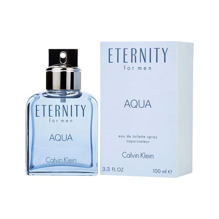 A bottle of Eternity Aqua for Men EDT by Calvin Klein with its packaging box. The bottle is blue, and the box is white with the product name and brand prominently displayed.