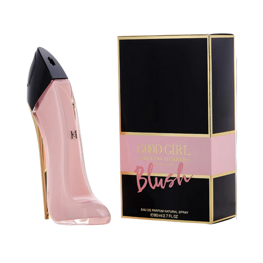 A bottle of Carolina Herrera Good Girl Blush EDP next to its black and gold packaging box with pink accents.