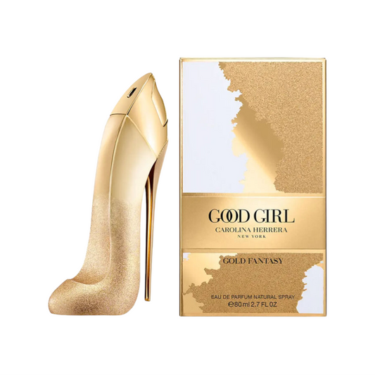 A bottle of Carolina Herrera Good Girl Gold Fantasy Eau de Parfum with a heel-shaped bottle in a bright gold color, alongside its packaging box.