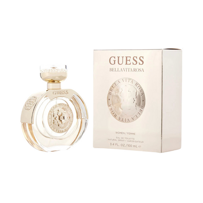 A bottle of Guess Bella Vita Rosa EDT with a capacity of 3.4oz, alongside its packaging box.