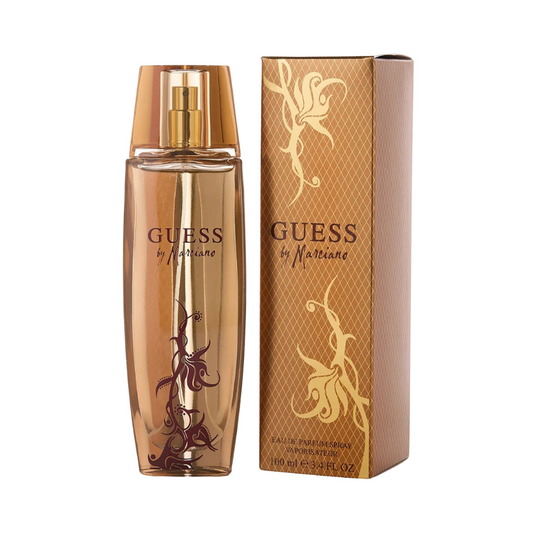 A bottle of Guess by Marciano EDP perfume alongside its packaging box. The bottle is gold-colored with darker glass and a decorative floral design, while the box has a textured gold finish with the brand and product name displayed.