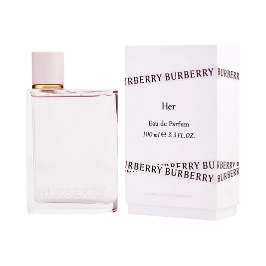Burberry Her Parfum Eau de Parfum spray bottle and packaging box, both with the Burberry brand logo and the fragrance name 'Her' visible.