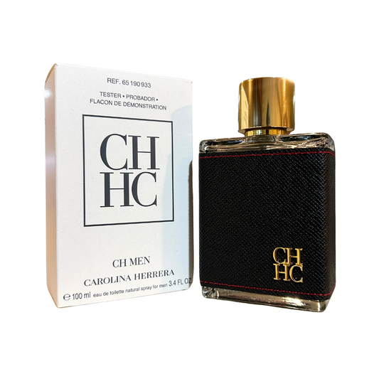 A black and gold bottle of CH Men Eau De Toilette Spray by Carolina Herrera, accompanied by its white packaging box with the brand and product name.