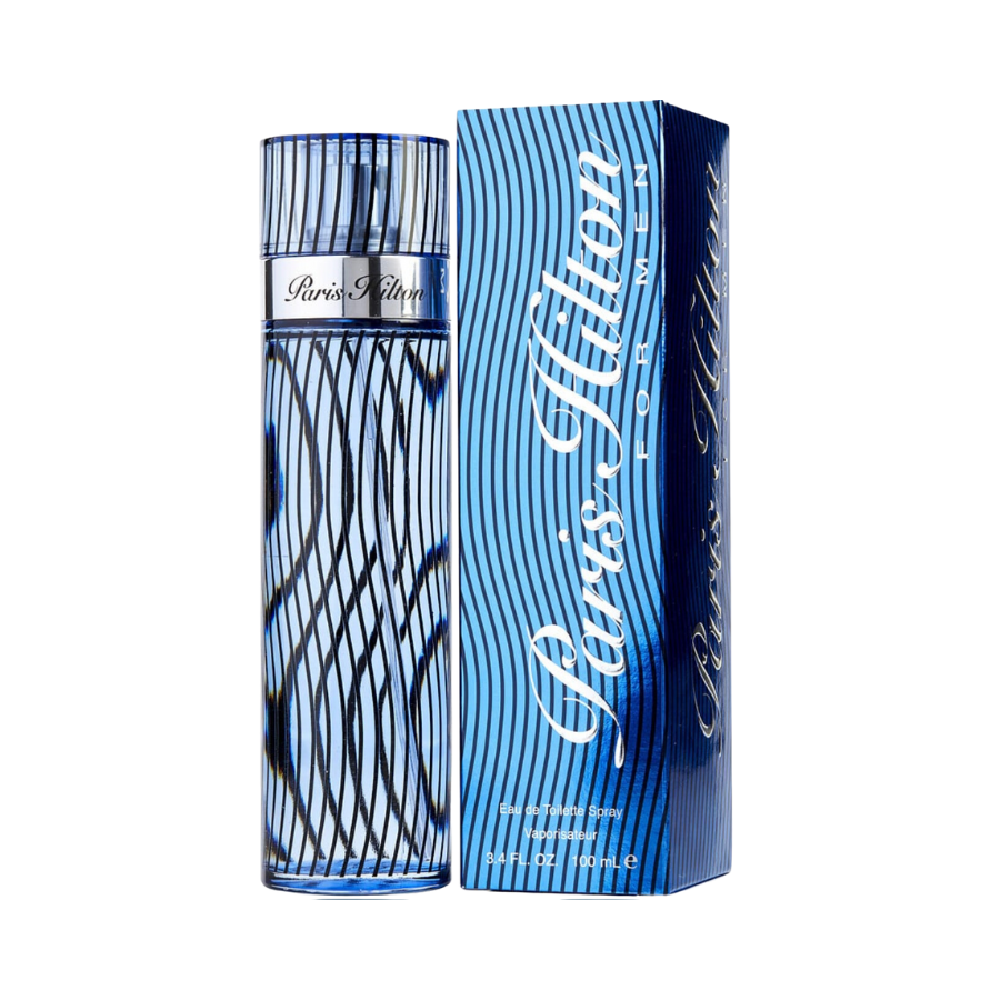 A bottle of Paris Hilton Man EDT with a blue and white striped design, accompanied by its original packaging box with the same design.