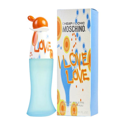 A bottle of Cheap & Chic I Love Love eau de toilette spray by Moschino, accompanied by its packaging box. The bottle is predominantly blue with orange accents, and the box has a similar color scheme.