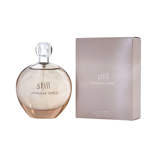 A bottle of Jennifer Lopez Still EDP perfume alongside its packaging box.