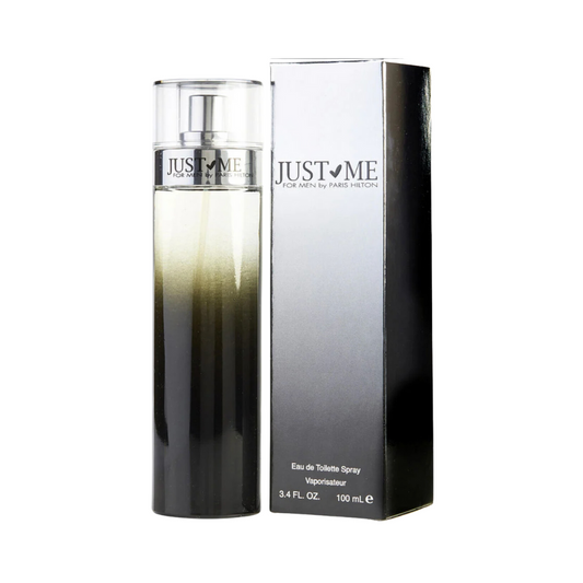 A bottle of Paris Hilton 'Just Me' Eau De Toilette for Men, 3.4oz size, with the cap off, displayed in front of its black box packaging.