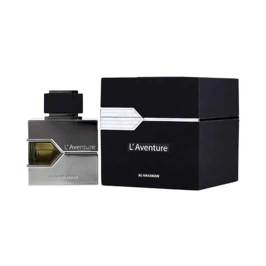 A bottle of Al Haramain L'Aventure EDP next to its black box packaging with the brand name visible on both items.