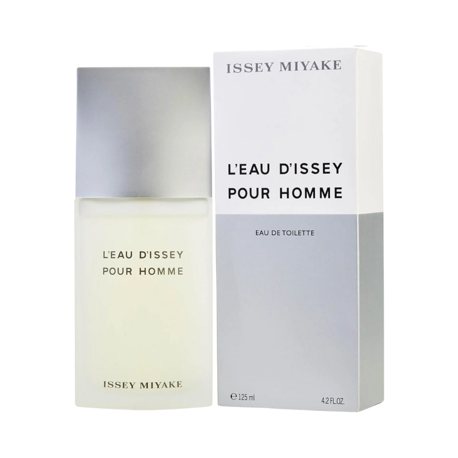 A bottle of Issey Miyake Leau D'Issey Pour Hommes eau de toilette with the cap off, next to its white packaging box.