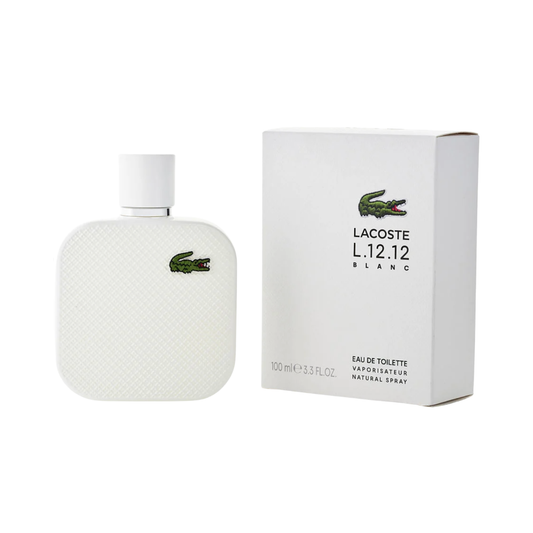 Lacoste L.12.12 Blanc perfume bottle and packaging on a white background
