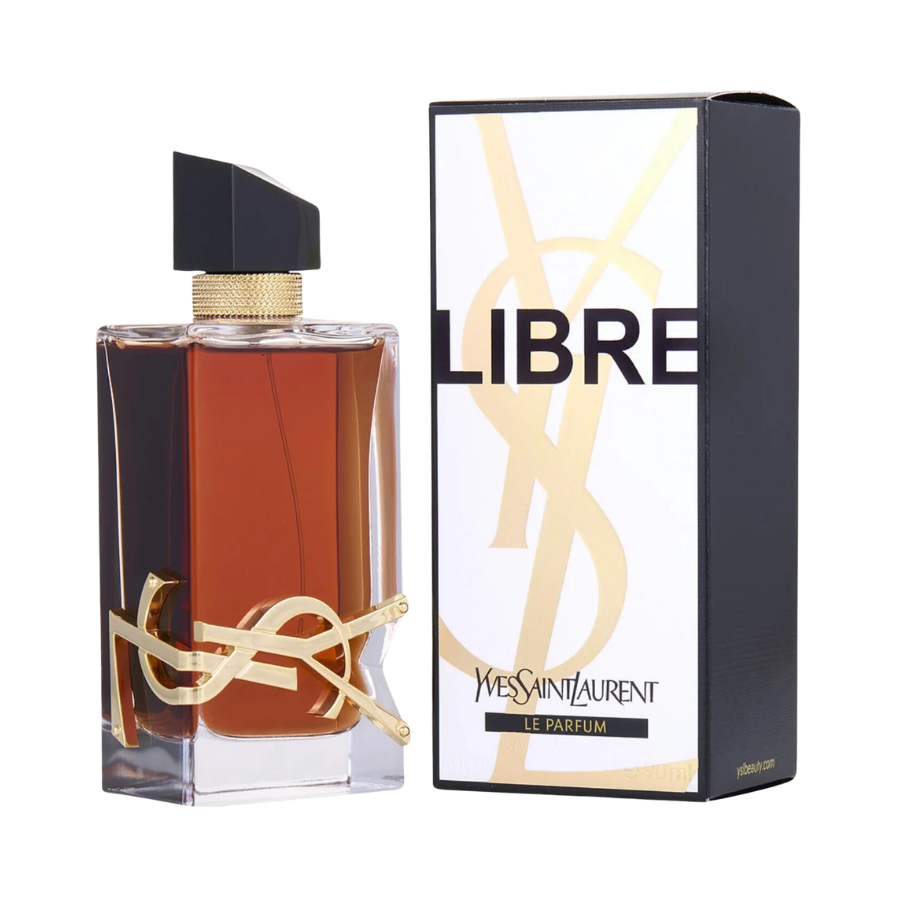Yves Saint Laurent Libre Le Parfum Eau de Parfum spray bottle and packaging box. The bottle is brown with a gold-colored cap and the box is black with gold accents and the Yves Saint Laurent logo.