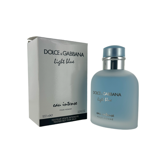 Dolce and Gabbana Light Blue Eau Intense EDP bottle and packaging, the bottle is blue and the packaging is white and blue with the brand name and product title visible.