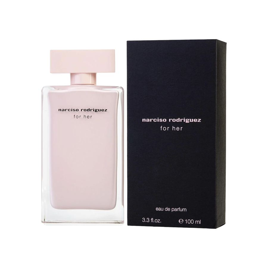 A bottle of Narciso Rodriguez EDP for Her with a capacity of 3.3 ounces, alongside its black packaging box.