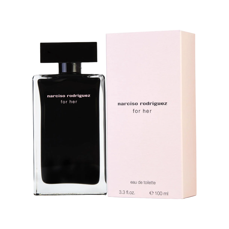 Narciso Rodriguez EDT for Her in a black bottle with a pink label, next to its pink box.