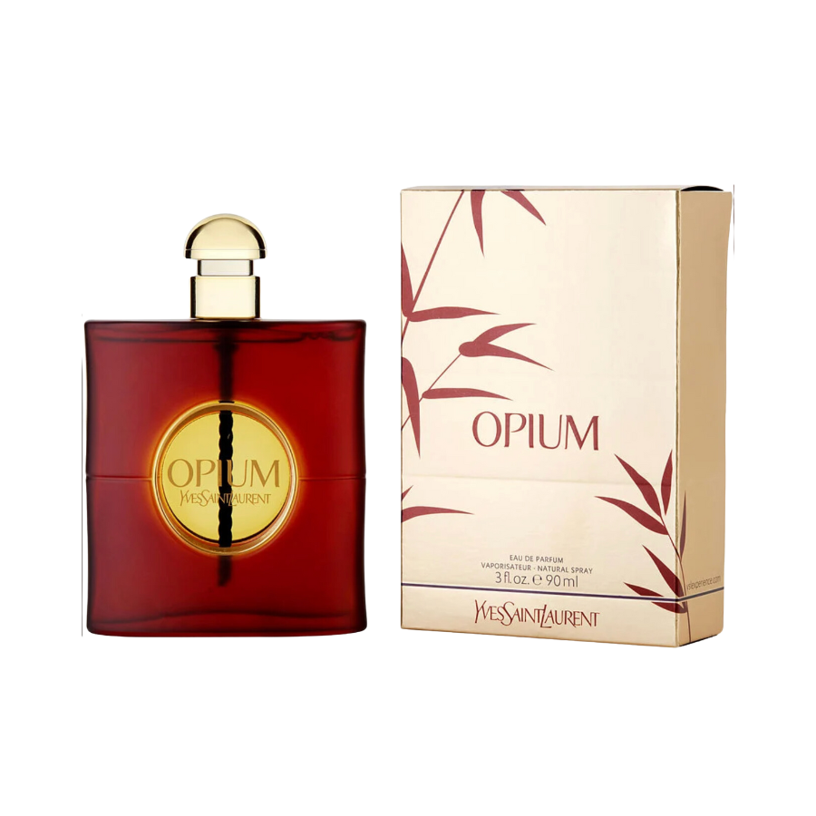 A bottle of Opium Eau de Parfum spray for women alongside its packaging box. The bottle is red with a gold cap, and the box has a golden Yves Saint Laurent logo on it.