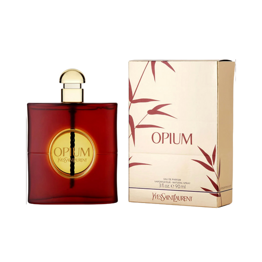 A bottle of Opium Eau de Parfum spray for women alongside its packaging box. The bottle is red with a gold cap, and the box has a golden Yves Saint Laurent logo on it.